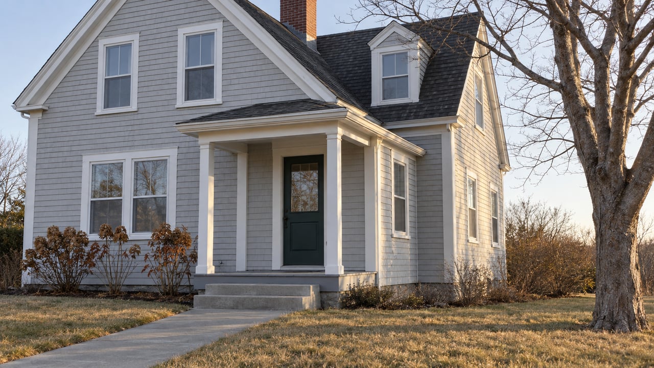 Pale gray clapboard house with a green front door, weathered porch and dormant front garden in low winter sunlight.