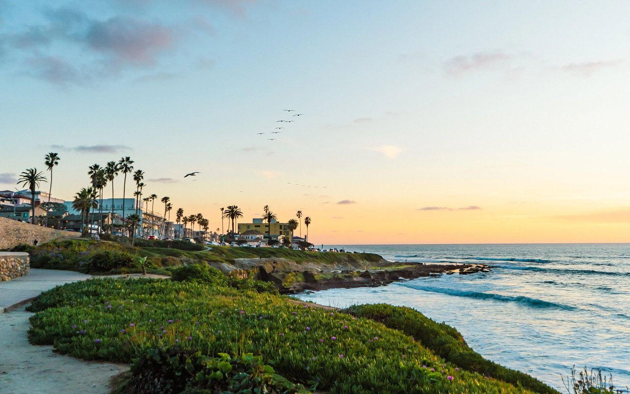 Coastal shoreline at sunset with waves, rocky cliffs, palm trees, and homes along the bluff.
