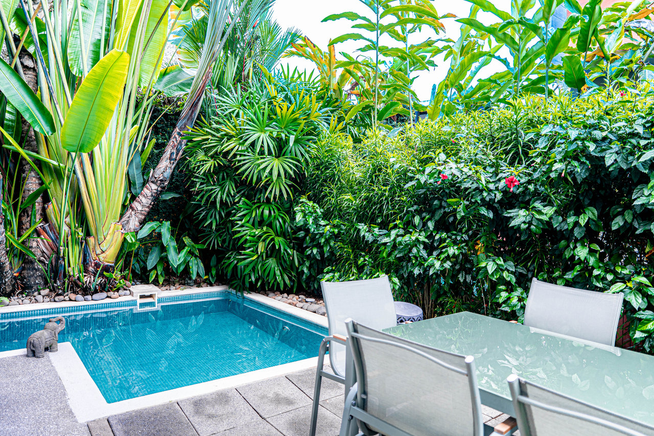 Private pool and patio dining area surrounded by lush tropical landscaping.