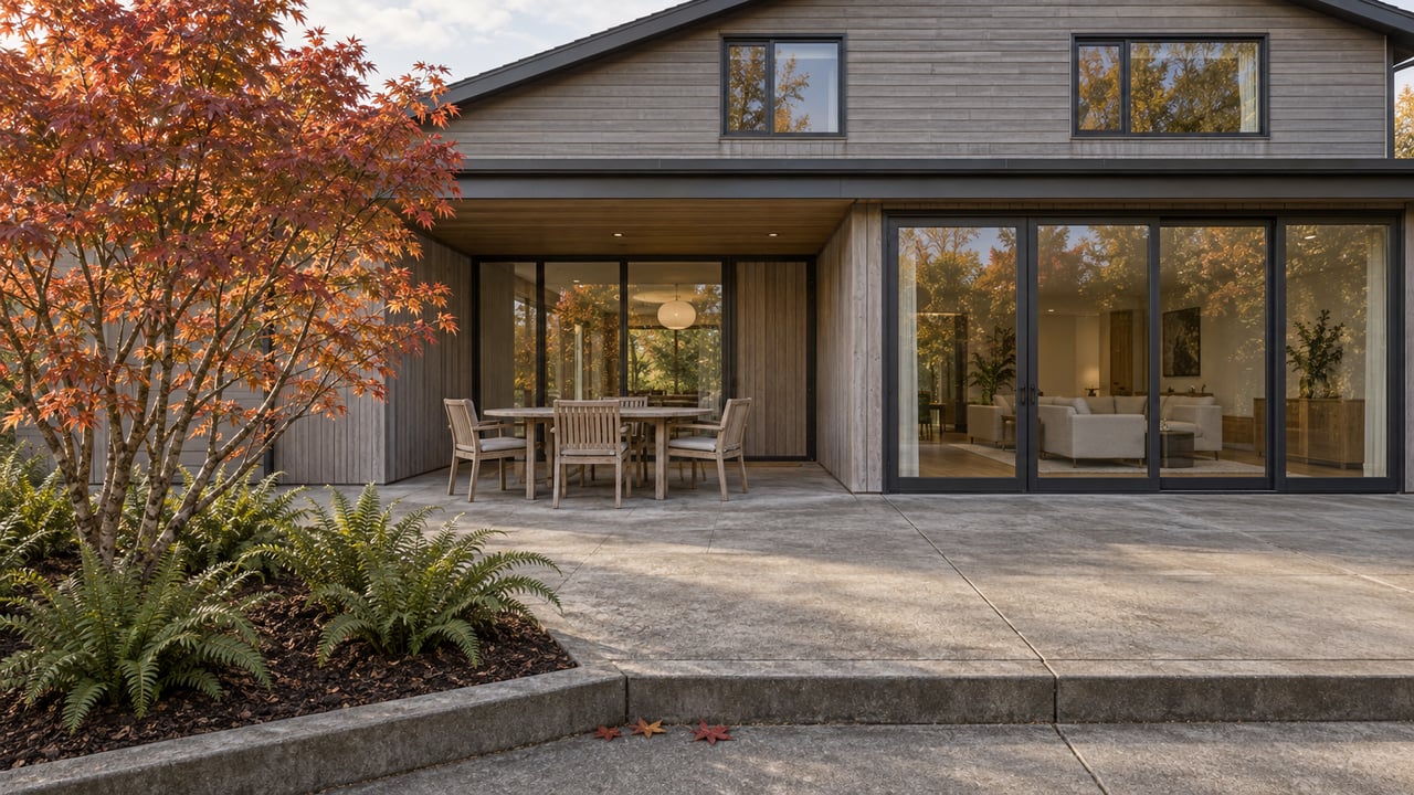 Contemporary two-story home with bronze-framed glass doors, a weathered teak patio dining set and an amber-leaved vine maple beside a concrete terrace.