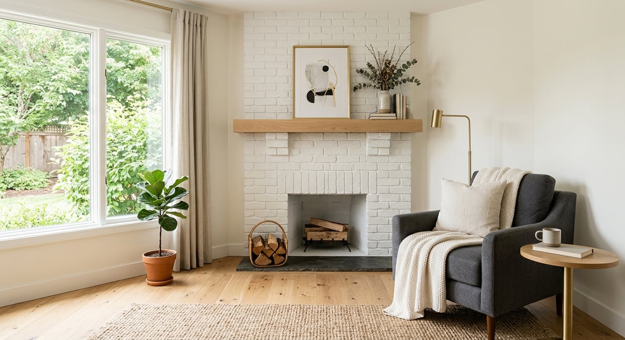 Warm-gray sofa, white-brick fireplace, and black-framed coffee table in a living room with oak floors.