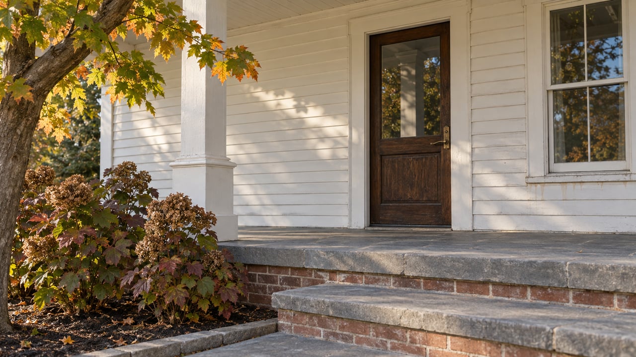 White clapboard entry porch with an oak glazed door, limestone steps, brick foundation, and autumn oakleaf hydrangeas.