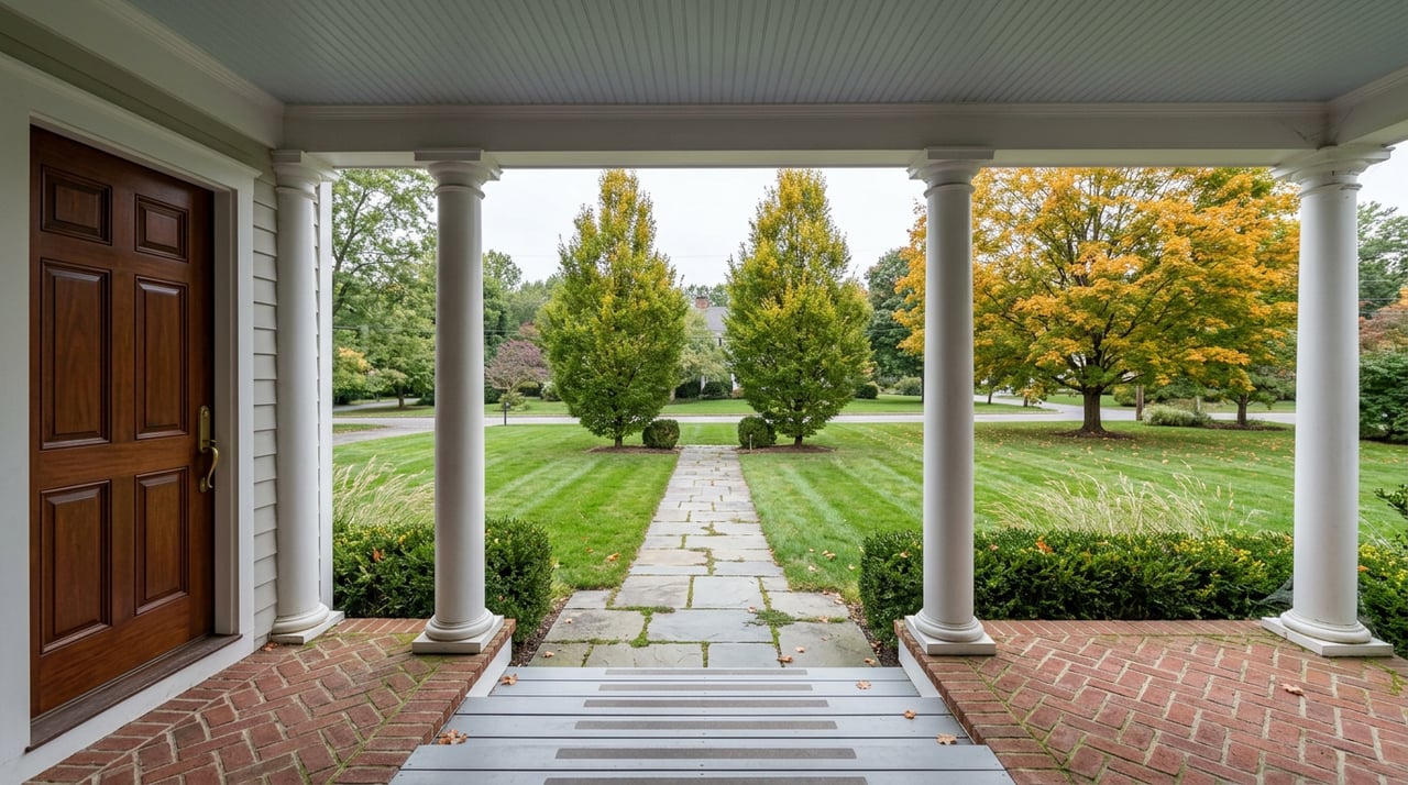 View from a Colonial porch across a broad lawn and bluestone walk, framed by trees and a golden maple.