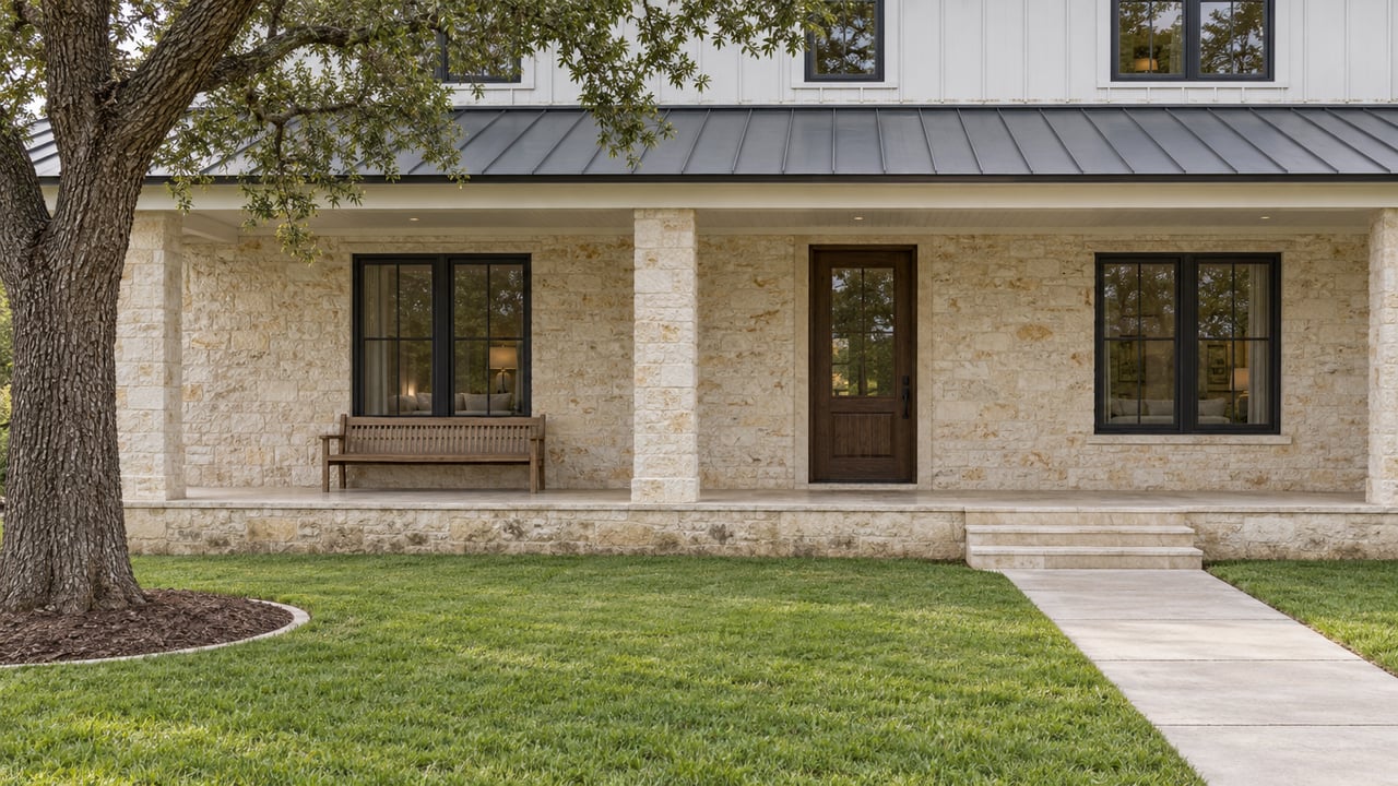 Pale limestone home with black-framed windows, a covered porch and a deep lawn beneath a mature bur oak.