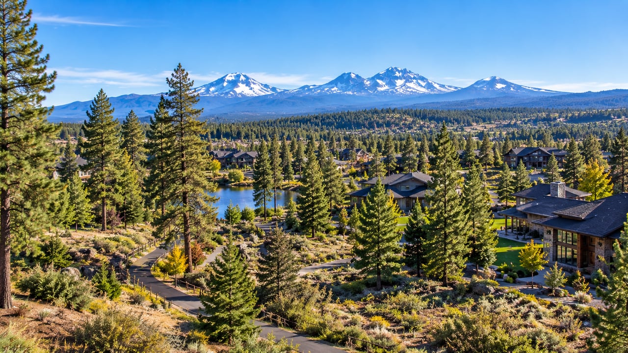 Westgate homes among pine trees beside a pond, with snow-capped mountains in the distance.