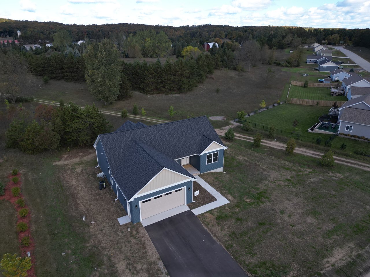 Aerial view of a blue home with a paved driveway beside open land and neighboring homes.