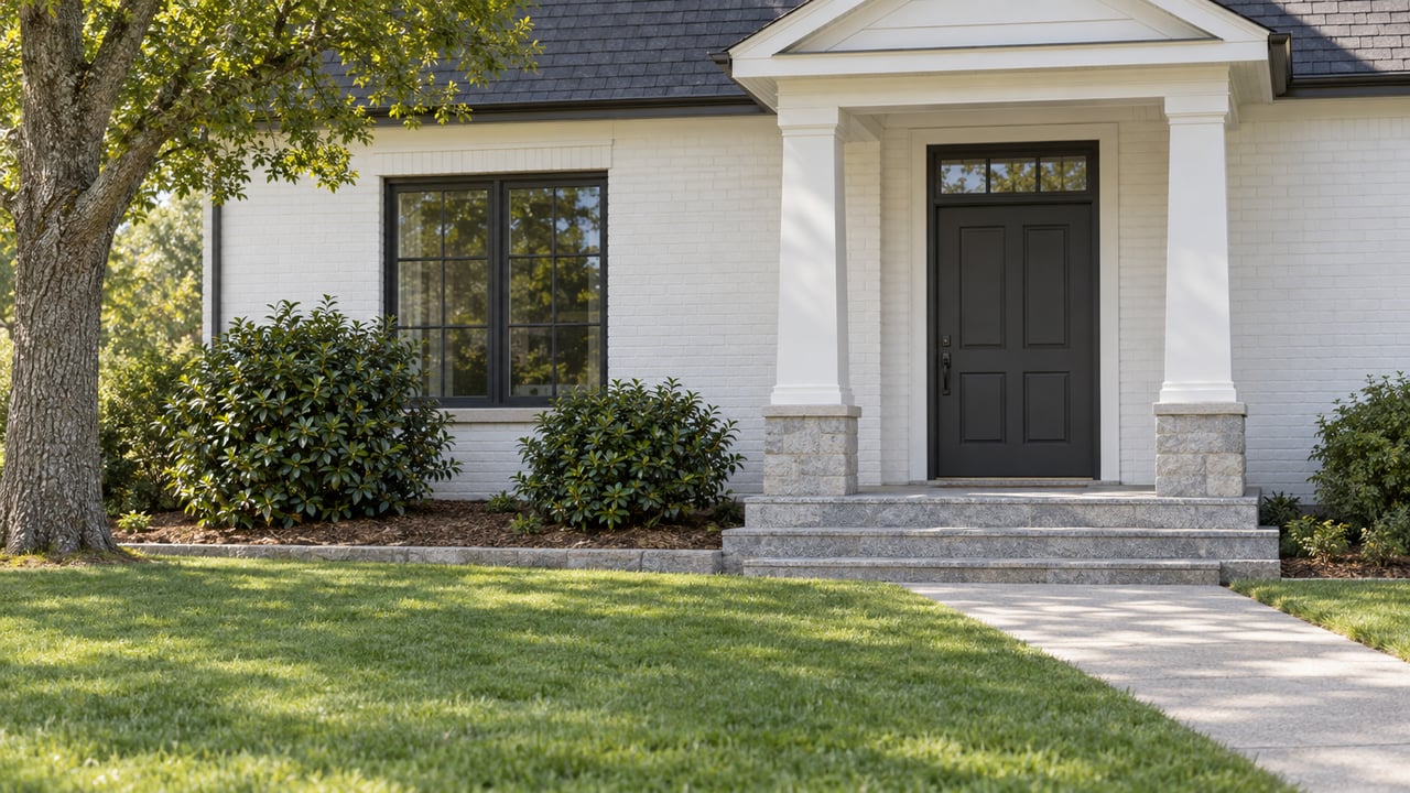 White-painted brick home with a charcoal door, paired portico columns, granite steps and black-framed window, seen across a green lawn.