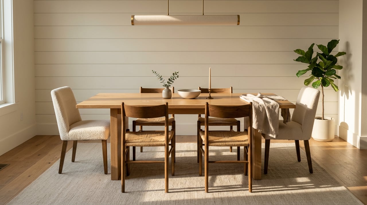 Oak dining table with six chairs, a eucalyptus vase, and a brass pendant against a shiplap wall.