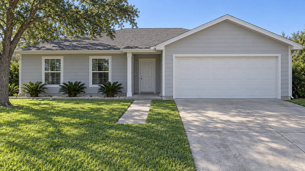 Single-story pale-gray home with a shingled gable roof, attached garage, broad green lawn and a clean concrete entry walk.