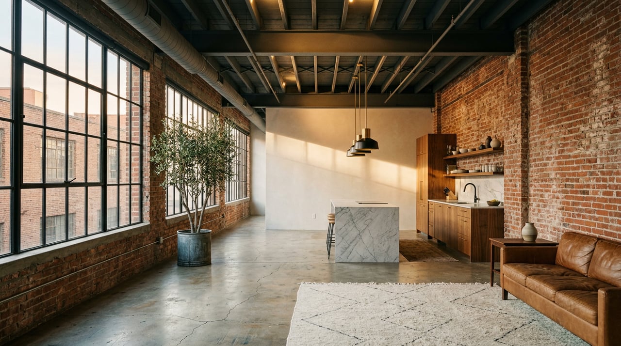 Converted warehouse loft with exposed steel ceiling, brick wall, steel-framed windows, and a marble island.