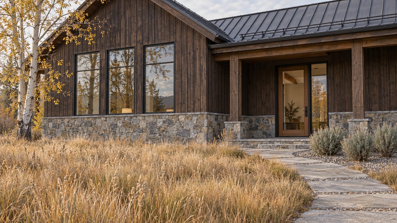 A gabled timber-and-stone home beyond a tawny meadow, with a stone approach, tall windows and a recessed glass entrance.