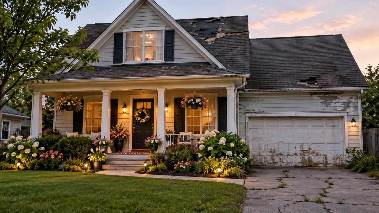 Two-story house at dusk with a flower-lined porch, attached garage, and visibly worn roof.