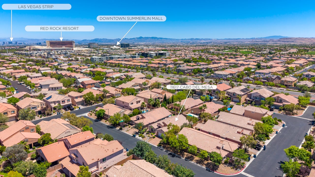 Aerial view of 11617 Cabo Del Mesa, with the Las Vegas Strip and Red Rock Resort labeled in the distance.