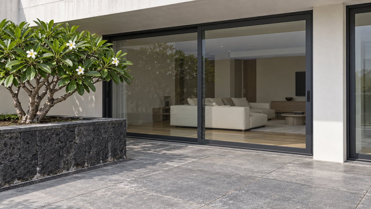 Sunlit condominium terrace with gray basalt paving, dark-framed glass doors, and a flowering plumeria in a lava-stone planter.