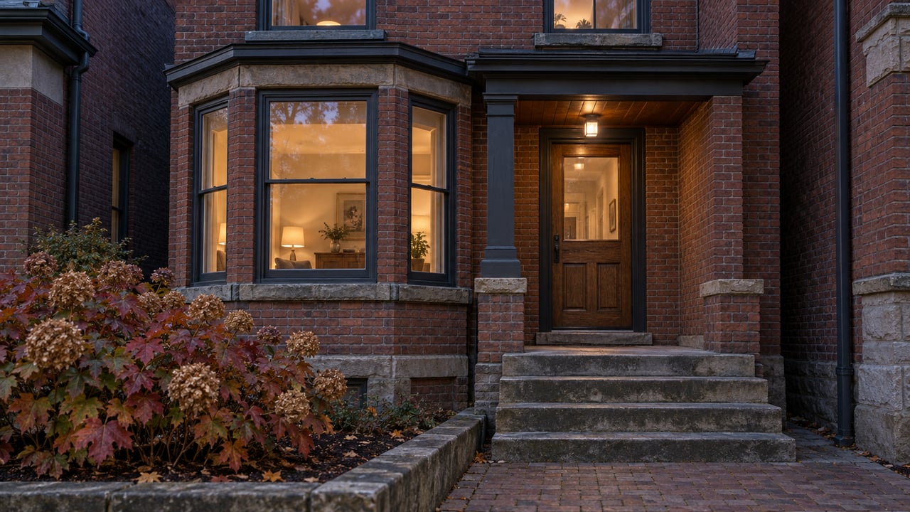 Brick home's bay windows and recessed timber porch at dusk, with worn sandstone steps and autumn oakleaf hydrangea.