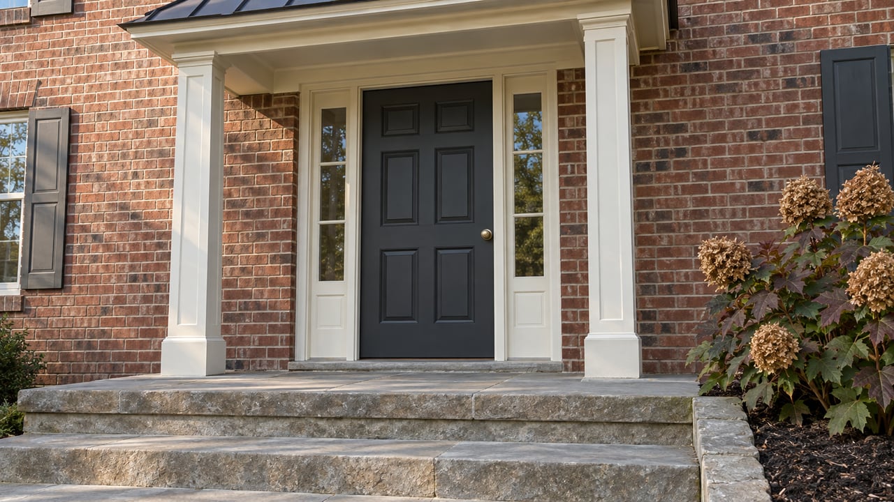 Brick home entry with an ivory canopy, charcoal door and paired sidelights above worn stone steps, beside an oakleaf hydrangea.