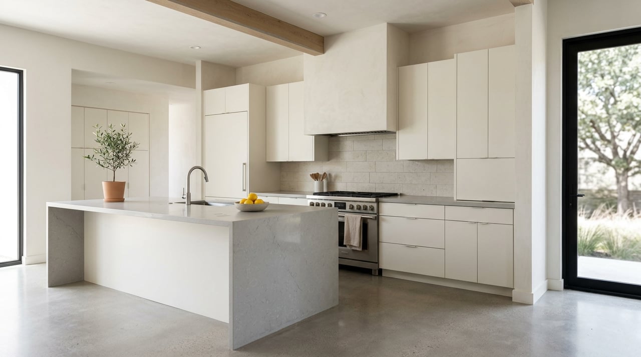 Open kitchen with a gray quartz island, warm-white cabinets, plaster hood, oak beam, and lemons in a stoneware bowl.