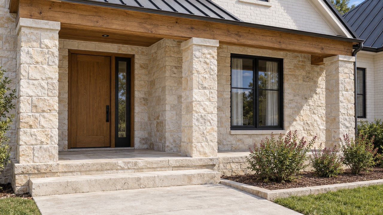 Covered entry with cream limestone piers, a timber beam, oak door and black-framed window, lit by clear morning sun.