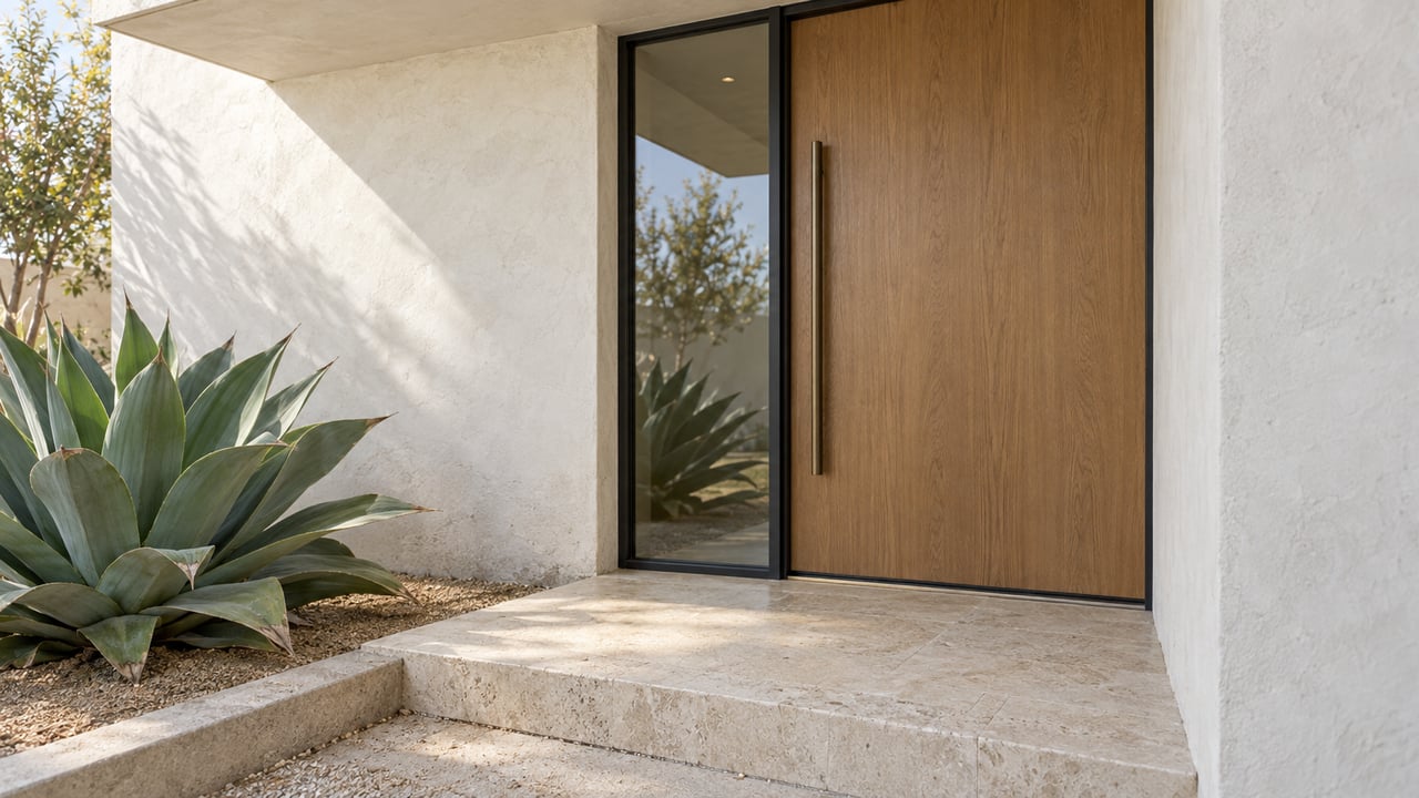 Closed oak pivot door beside a narrow glass sidelight, with an agave in a small gravel planting pocket.