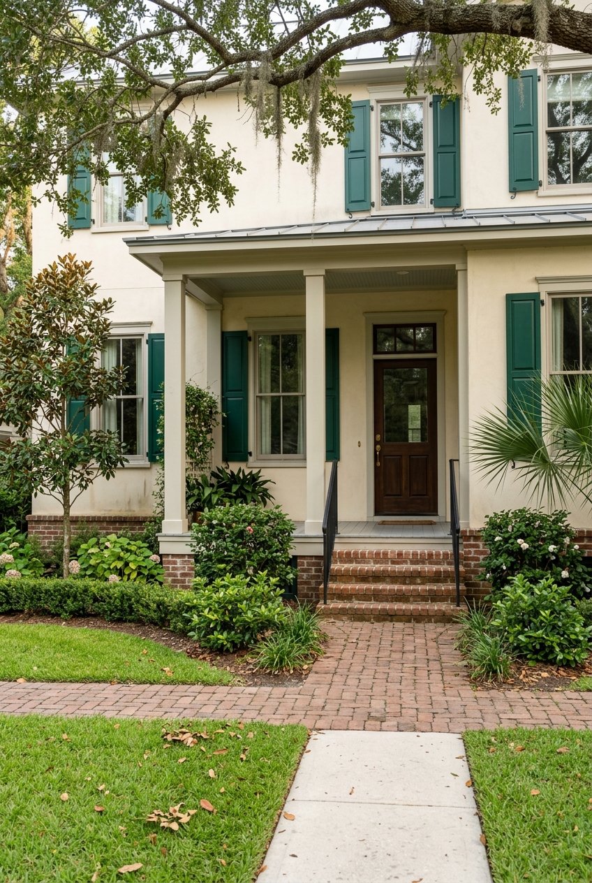 Stucco cottage entry with emerald shutters, a brick walkway, and a live oak canopy.