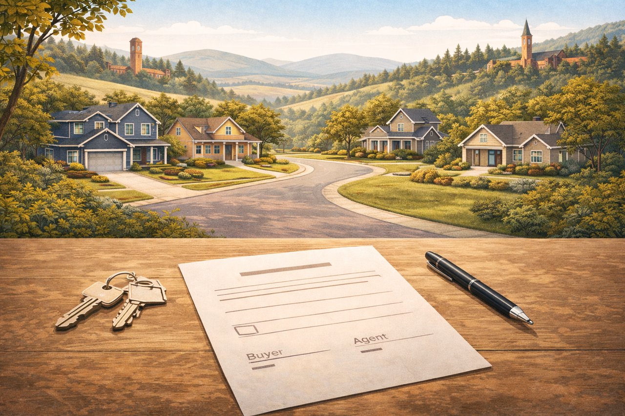 Palouse style illustration showing a home buying consultation concept representing buyer agent compensation with no text.