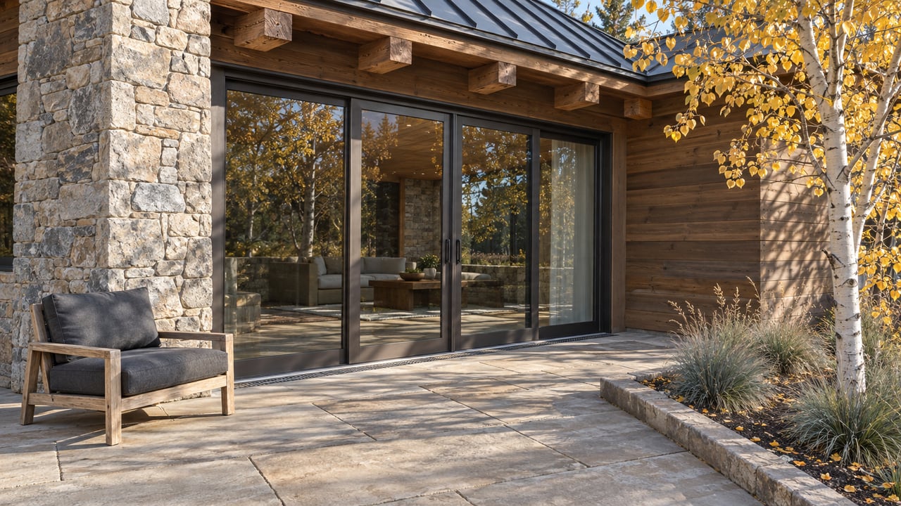 Timber-and-stone home opening onto a sandstone terrace beside a golden-leaved aspen in autumn sunlight.