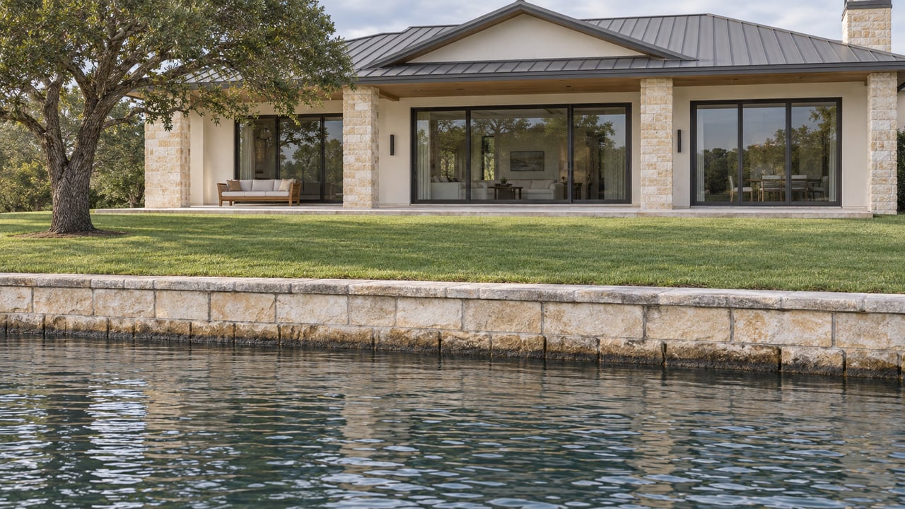 Waterfront house with cream stucco, limestone terrace, charcoal roof, and a limestone wall above rippled water.