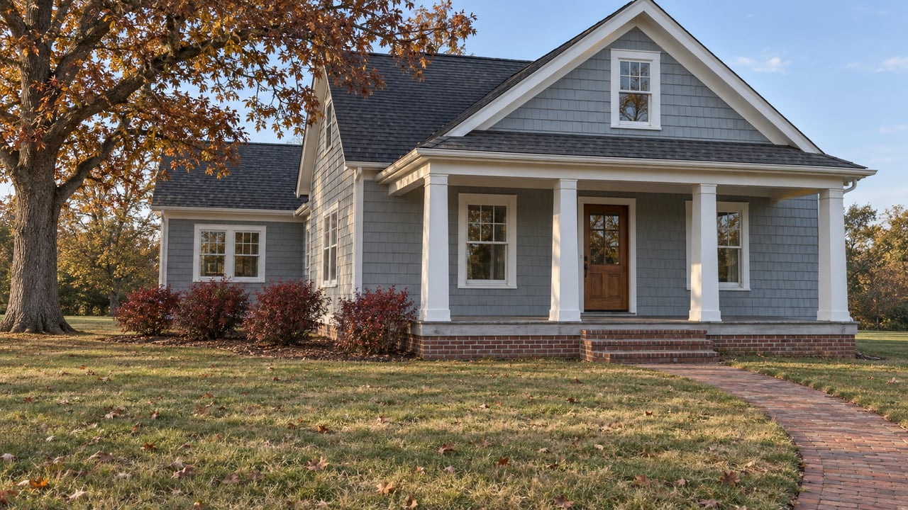 Gray-blue gabled home with a brick approach, covered porch and broad autumn lawn beneath a russet-leaved oak.