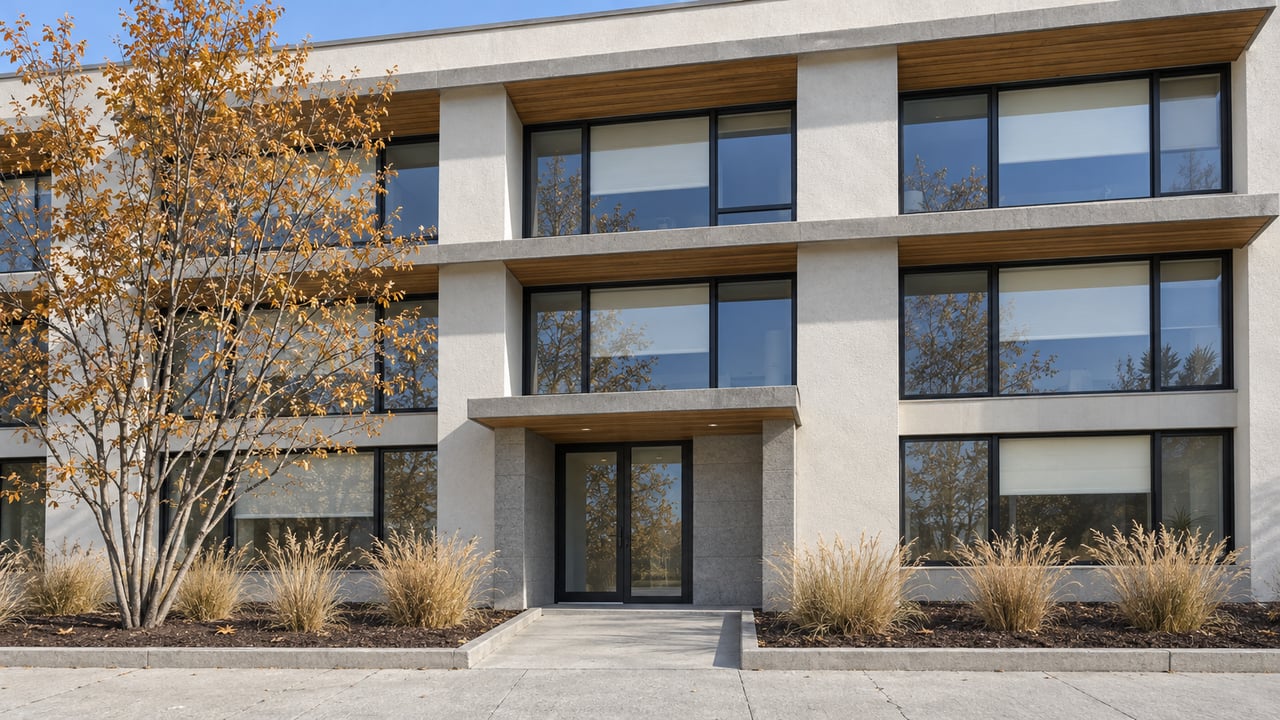 Contemporary condominium facade with black-framed windows, a recessed glass entrance and a small autumn serviceberry in a raised planting bed.