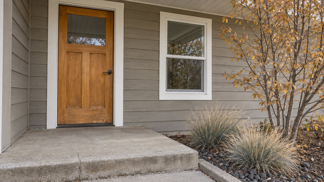 Weathered gray wood siding, a fir front door and a white-trimmed window above a concrete stoop beside autumn serviceberry and bunchgrass.