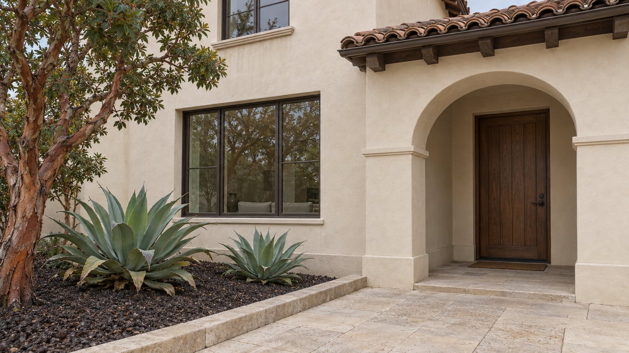 Cream stucco home with a recessed arched oak entry, clay roof tiles and a stone-edged approach beside a sculptural tree and two agaves.