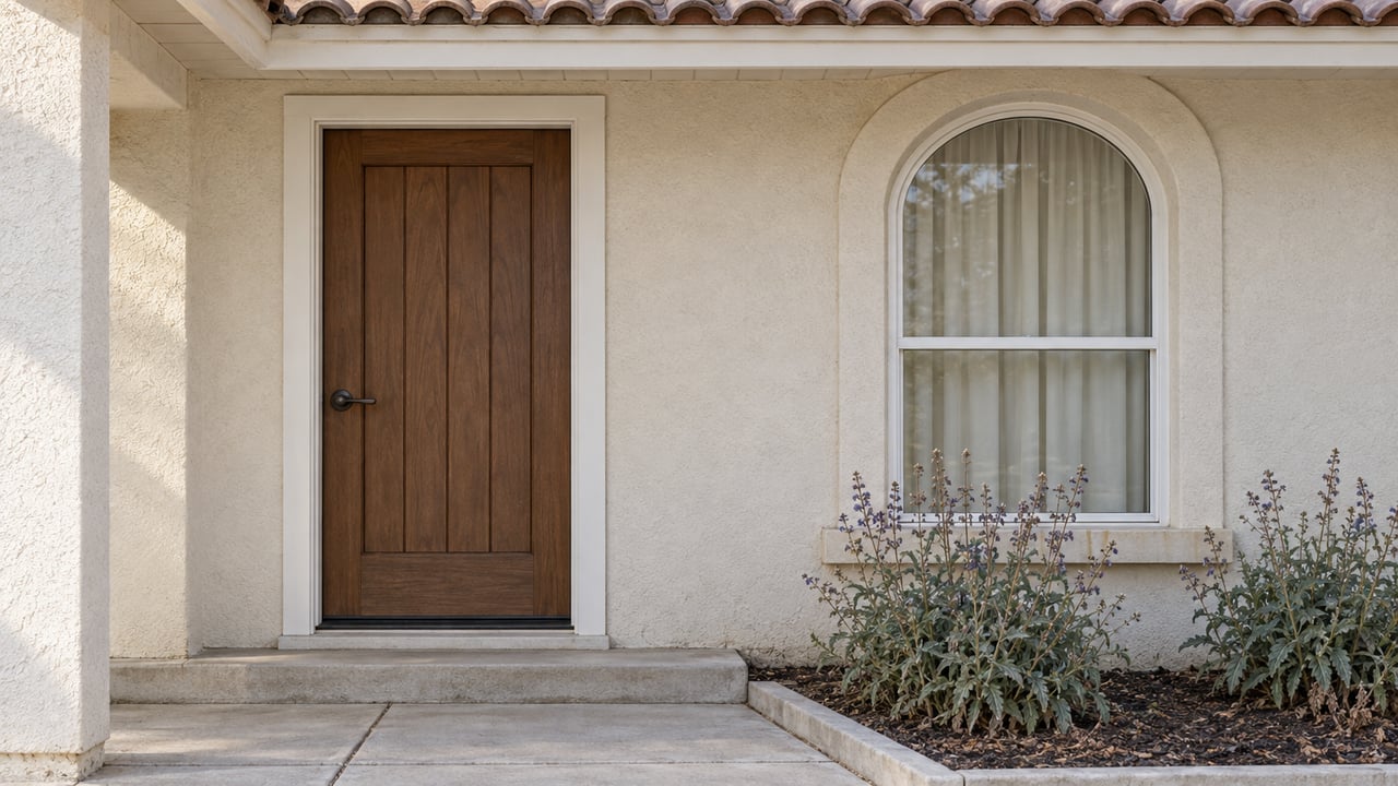 Close view of an ivory stucco home's walnut front door and white-framed arched window above pale porch paving, with silver-leaved sage in a bordered bed.