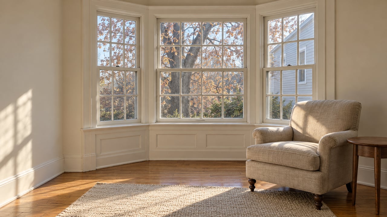 Afternoon light through divided-light bay windows falls across a linen chair and oak flooring in a traditional living room.
