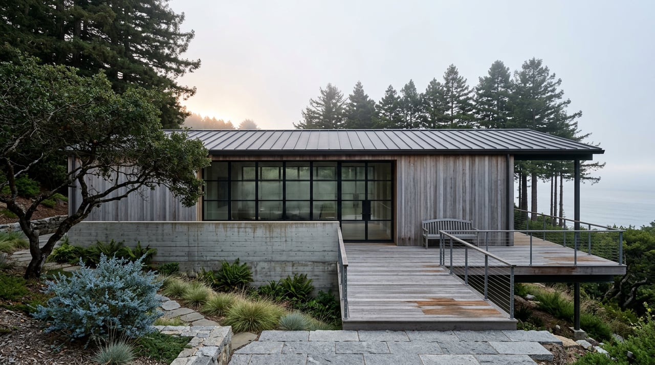 Coastal home with cedar siding, concrete base, glass walls, and cantilevered deck among foggy redwoods.