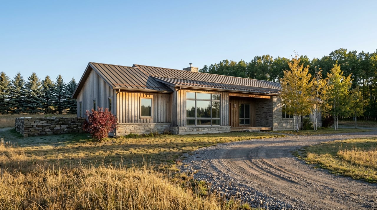 Low contemporary ranch home with a bronze roof, stone garden wall, golden aspens, and tawny meadow grass.