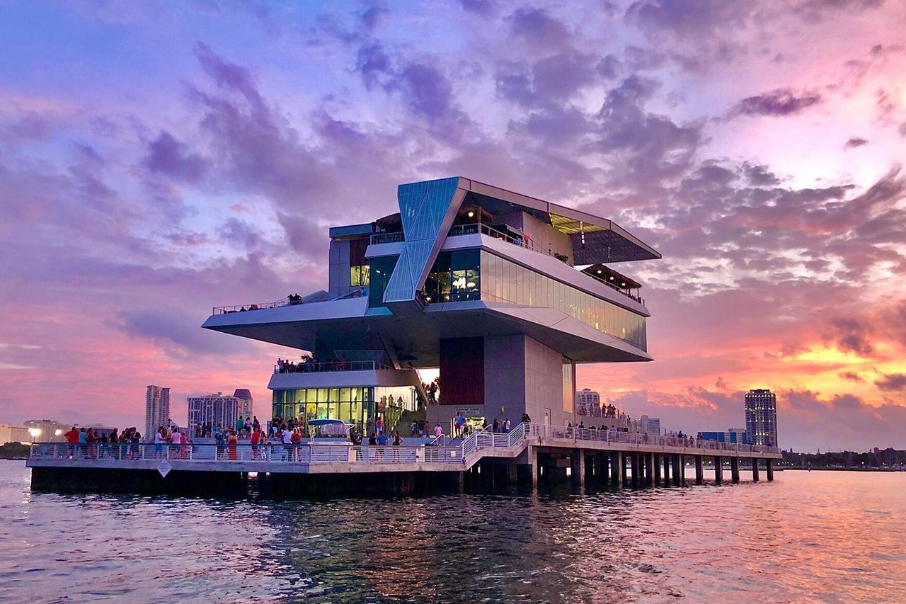 Sunset at St. Pete Pier overlooking Tampa Bay with colorful skies and waterfront views.
