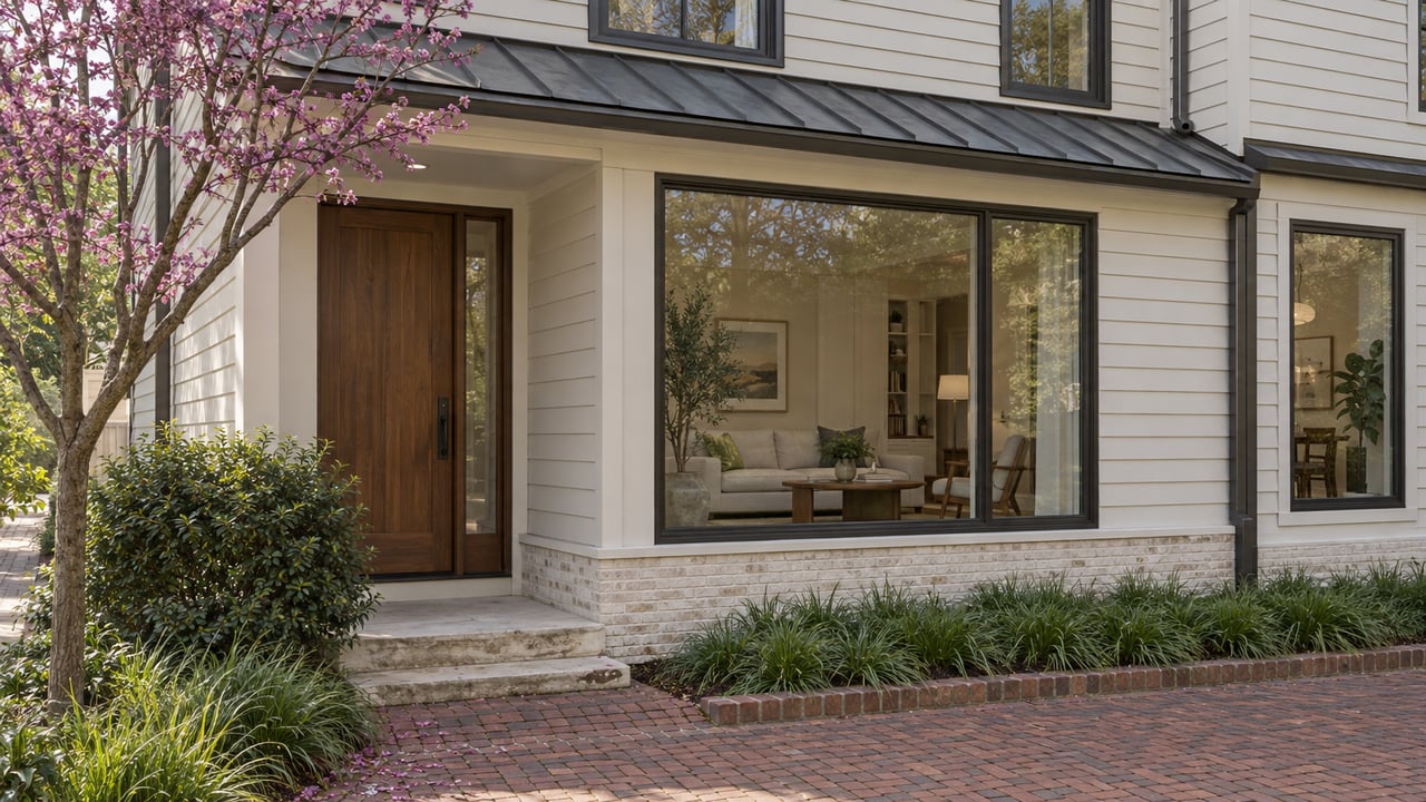 Off-white attached home with a recessed walnut door, glazed living-room window, brick walkway, and young redbud tree.
