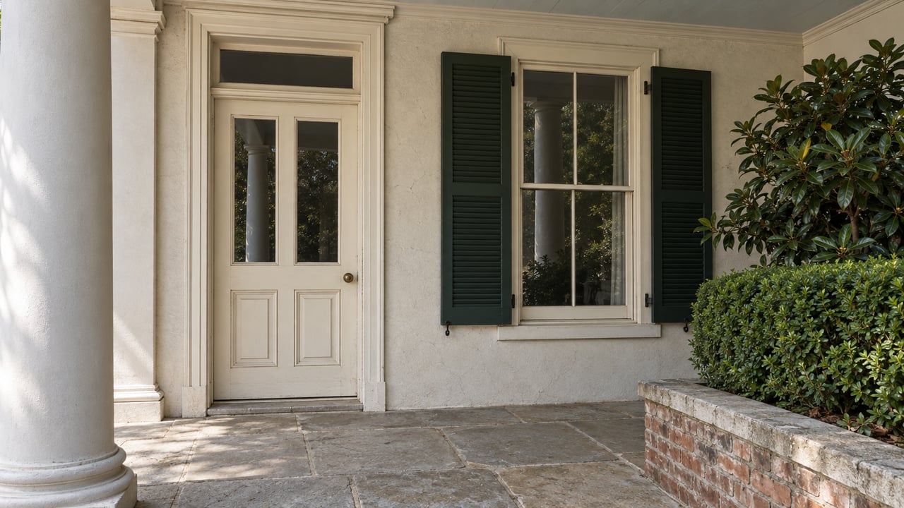 Ivory paneled porch door beside a shuttered window, plaster column, limestone paving, and brick planter.
