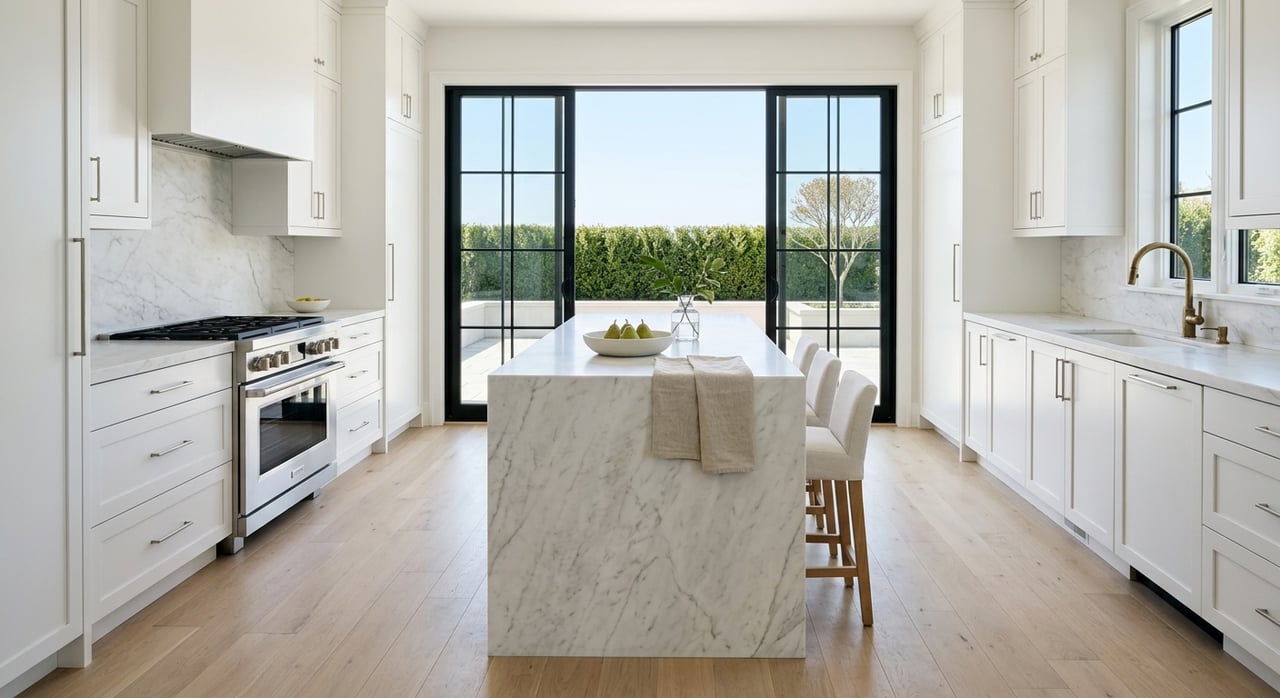 Modern luxury kitchen with marble waterfall island and black-framed windows in Alpine, NJ