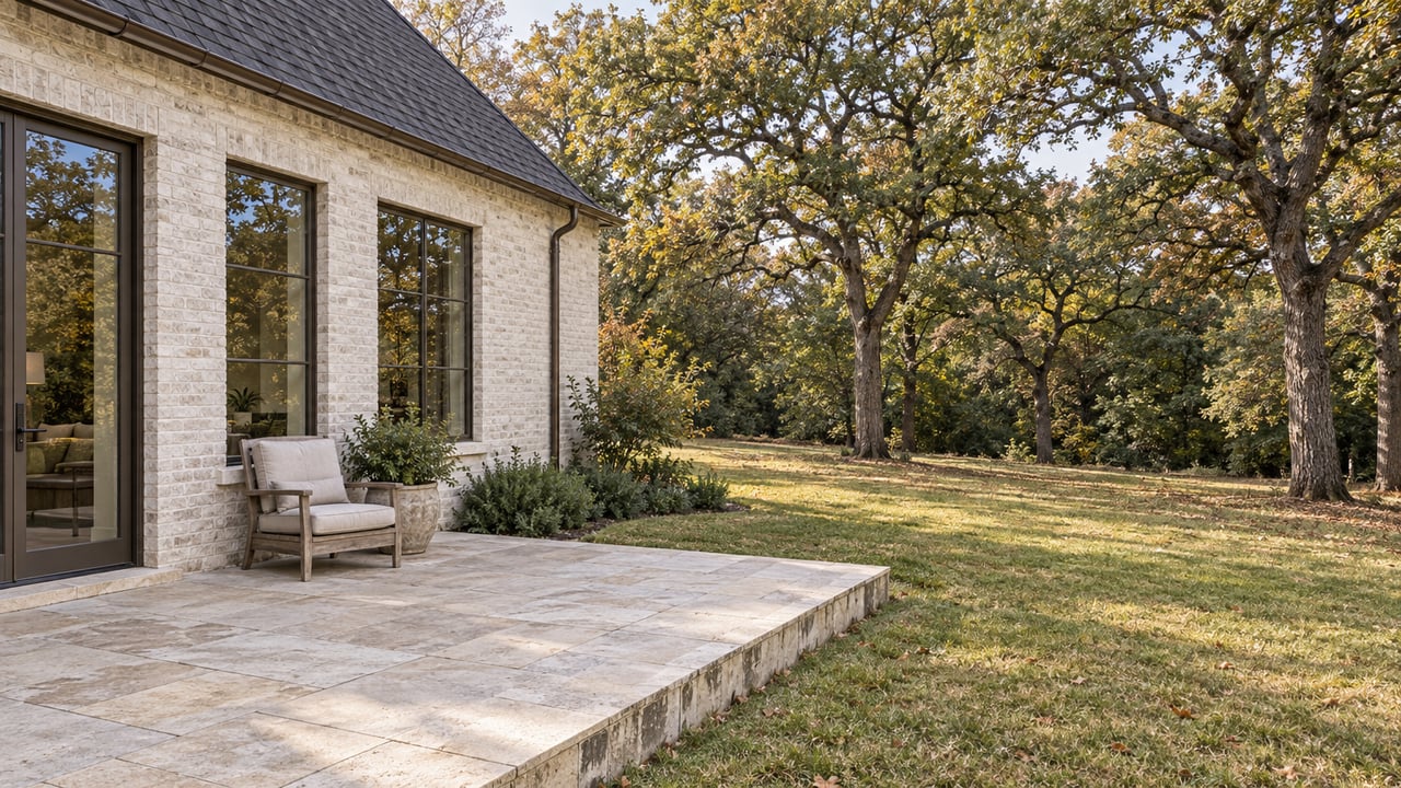 Pale brick home with dark-framed windows, a limestone terrace and a broad lawn edged by mature oaks.