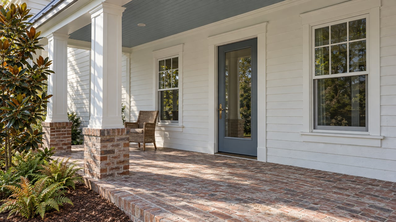 Morning light across a brick-floored covered porch with white clapboard, a blue glazed door, two sash windows and a woven chair.