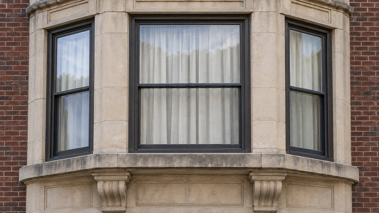 Three closed sash windows in a weathered limestone residential bay, framed by dark red brick in soft morning light.