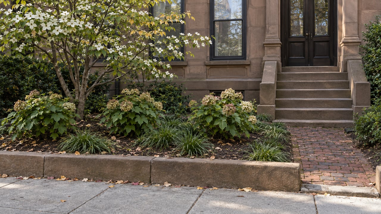 Townhouse forecourt with a brick path, pruned dogwood, hydrangeas, and a sandstone stoop.