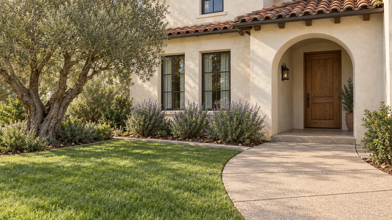 Sunlit ivory stucco home with a sheltered arched oak entry, clay tile roof, olive tree, and lawn beside a concrete approach.