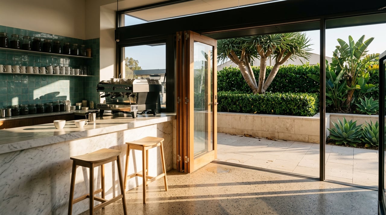 Espresso café interior with a marble counter, chrome machine, teal tile, and sunlit open doors facing tropical planting.