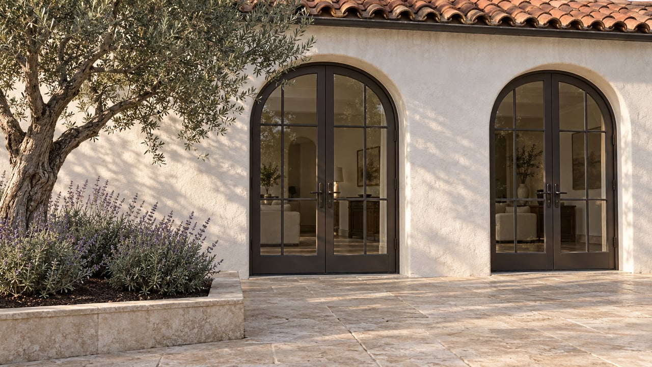 Morning light crosses white stucco arches and bronze-framed terrace doors above pale limestone paving beside an olive tree.