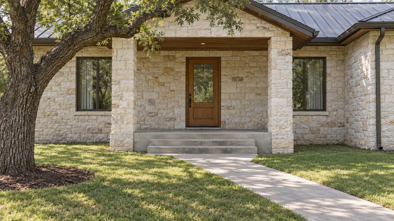 Limestone home entrance with a raised concrete porch, bronze-framed windows, a broad lawn and a mature oak.