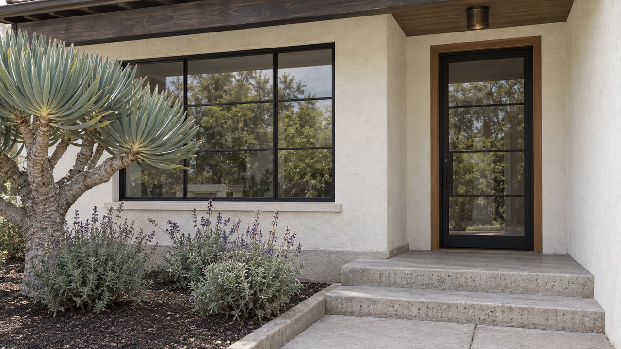 Covered residential entry with ivory stucco, dark timber beam, black-framed glazing and worn concrete steps beside sculptural fan aloe.