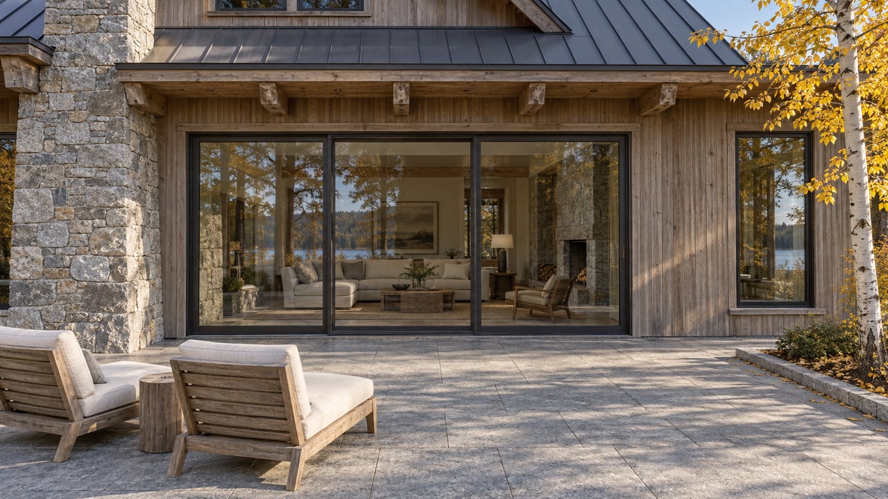 Sunlit granite terrace with two teak chairs outside a cedar-and-stone home, beside a yellow-leaved aspen.