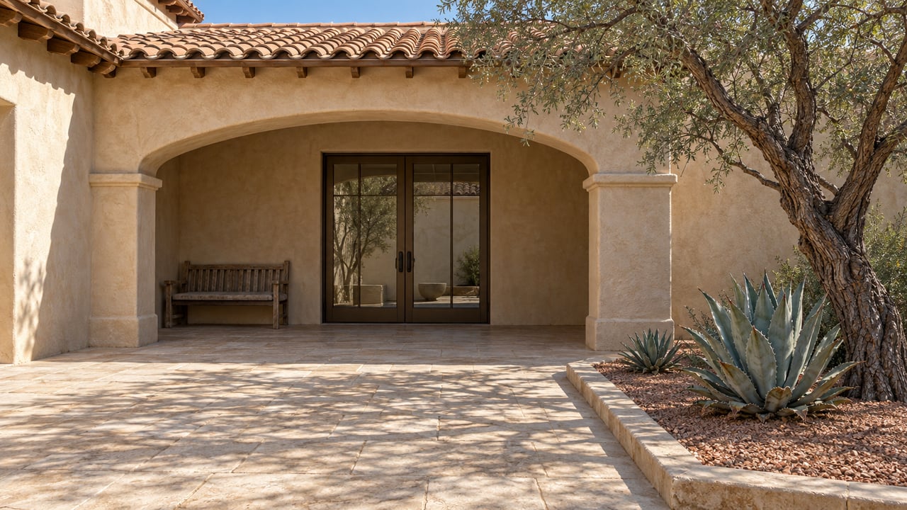 Sunlit limestone courtyard with warm stucco arch, bronze-framed glass doors, a desert ironwood tree and two agaves.
